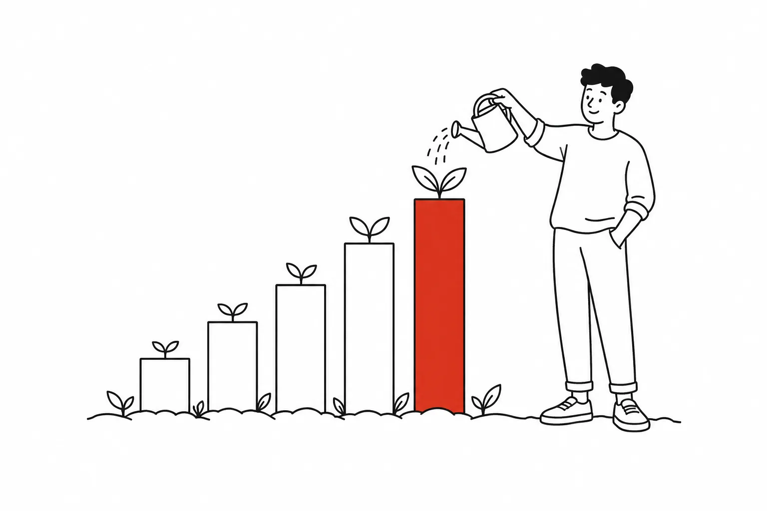A person watering a bar chart that grows like a garden, the tallest bar in red